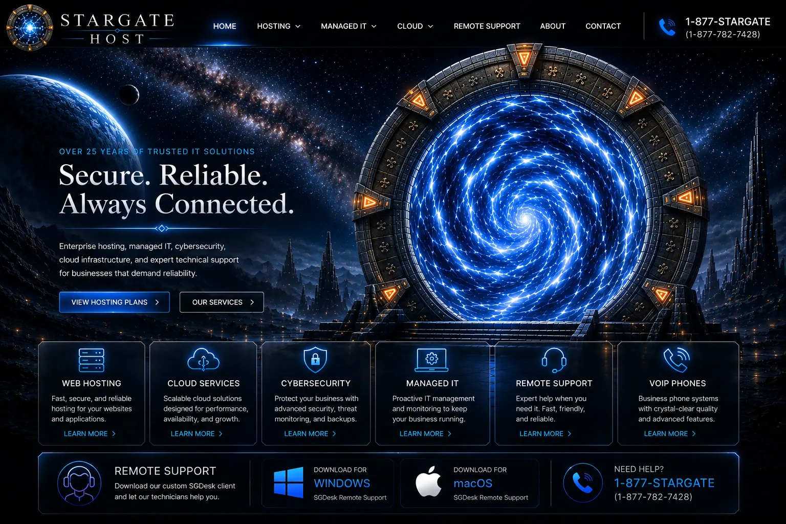 StargateHost homepage with cinematic space background and Stargate portal